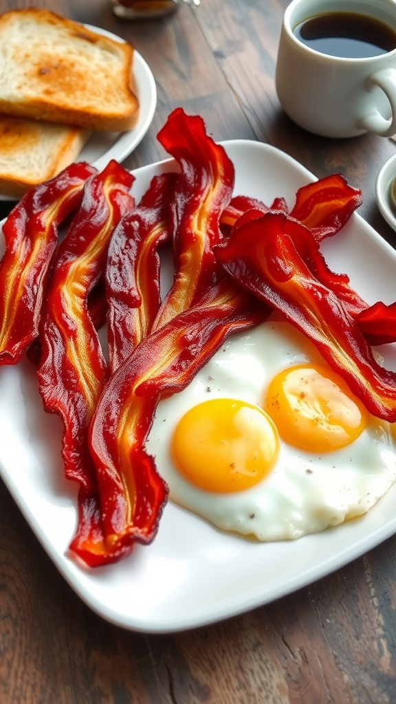 Crispy oven-baked bacon strips on a plate with eggs and toast.